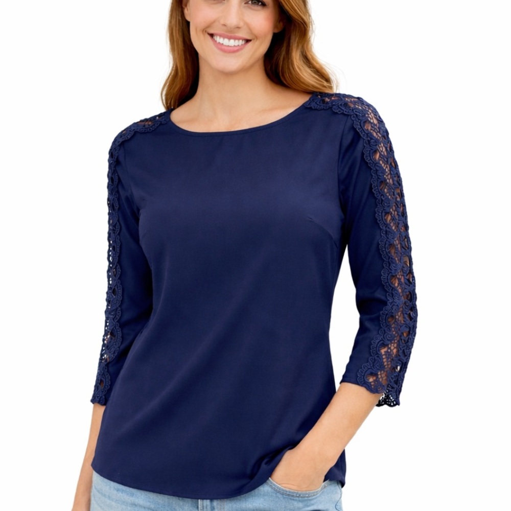 The Limited Navy Blue Floral Lace 3/4 Sleeve Blouse Women’s Small Career Top